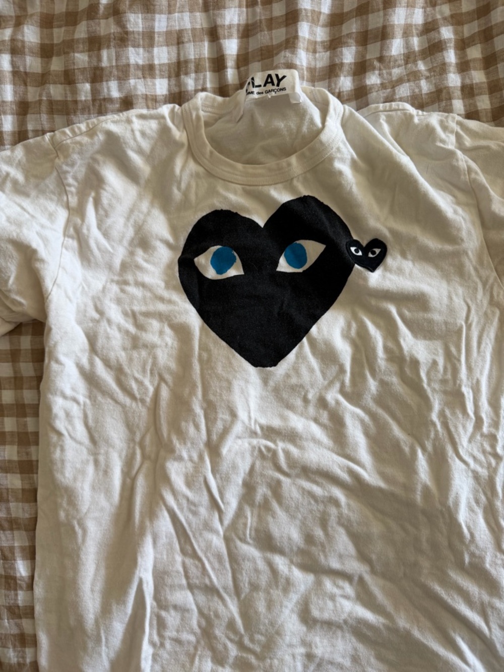 Comme des Garçons PLAY White Tee with Black Heart and Blue Eyes Graphic
